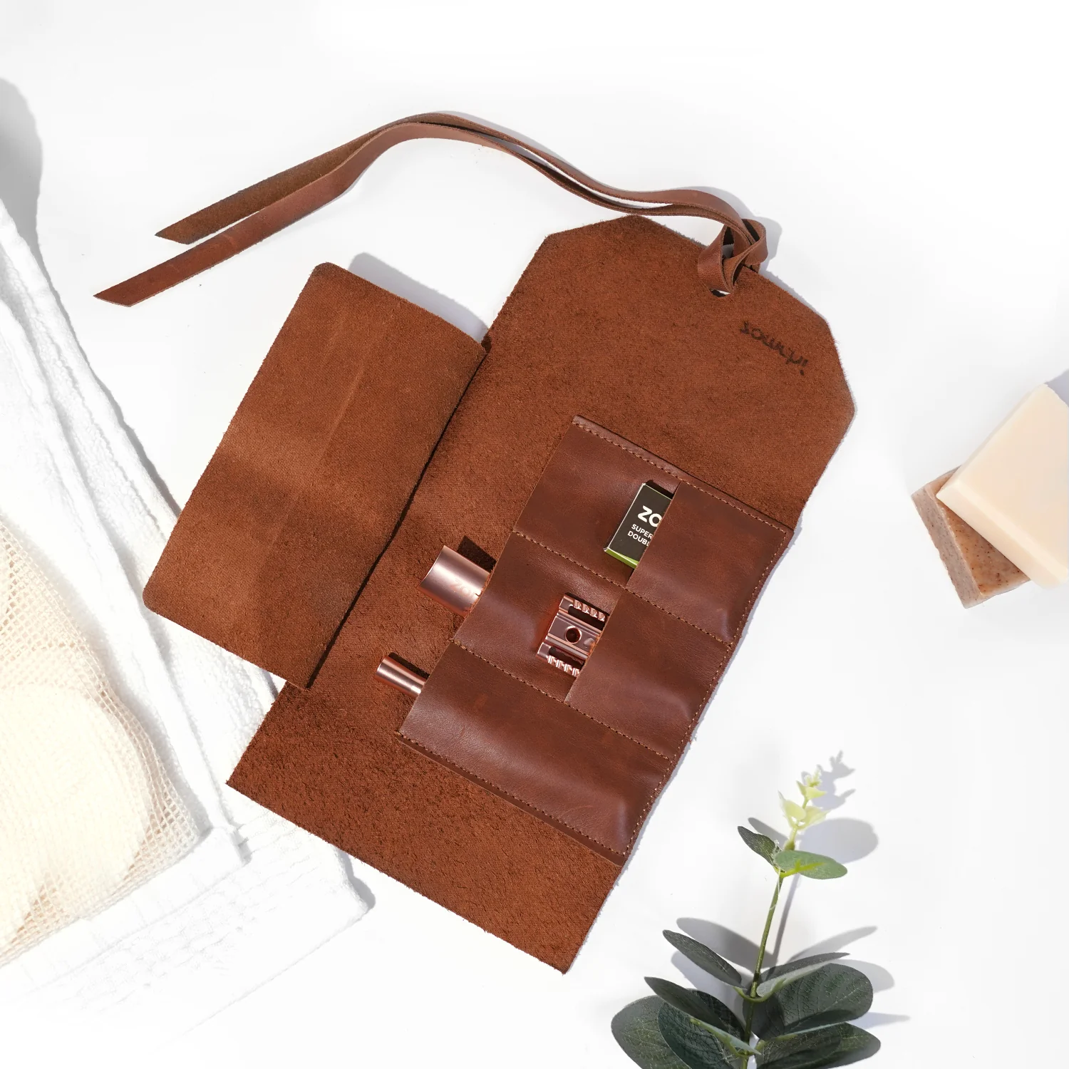 Genuine Leather Travel Case with Pouches for Shaving Kit
